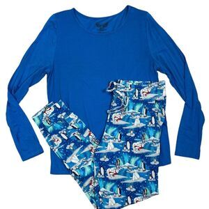 Free Birdies Womens Blue Polar Bear Print Comfy Bamboo Long Sleeve Pajama Set